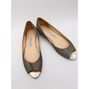 Jimmy Choo Gold‎ Glitter Mesh Peep Toe Flats Metallic Evening Shoes Size 38